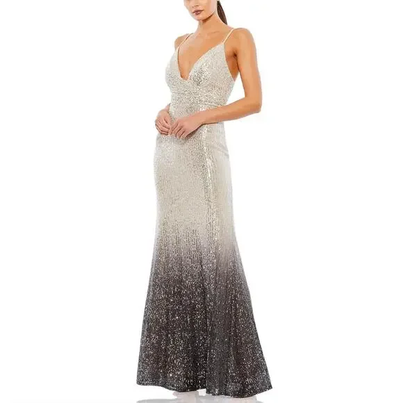 Mac Duggal Ombre Sequined Long Column Evening Gown Black and Gold Size 6 Dress - Picture 1 of 13